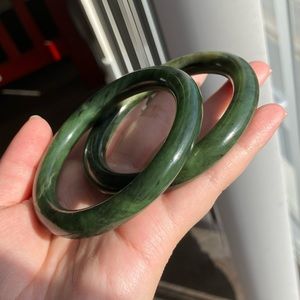 Set Of 2 Vintage Chinese Spinach Green Nephrite Jade Bangle Bracelets